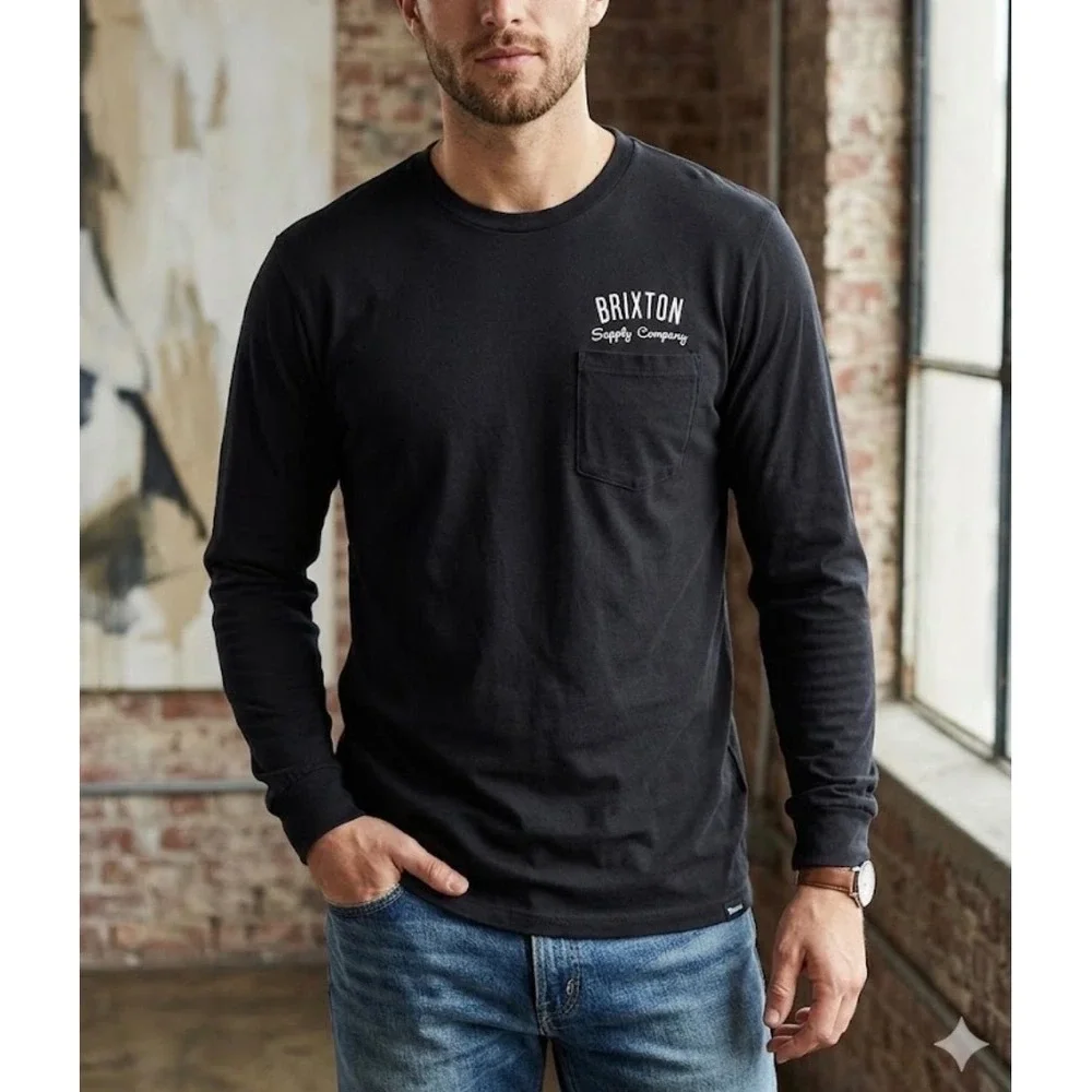 Brixton Supply Company Mens XXL Long Sleeve Pocket T-Shirt Black Graphic Tee‎